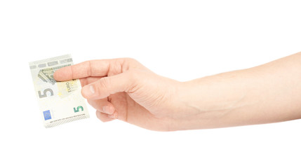 Hand holding five euro note isolated