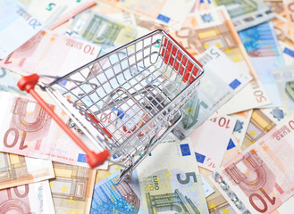 Shopping cart over the bank note bills