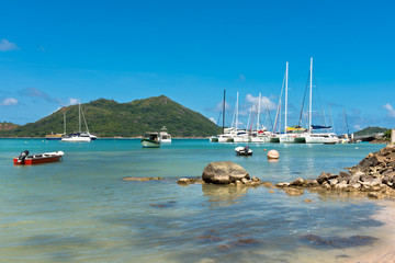 Fototapeta na wymiar Yachts Marina at Praslin island Seychelles