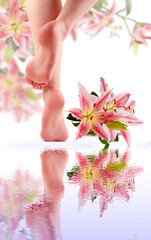 Obraz na płótnie Canvas Female feet and Pink lily with reflection in water