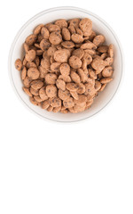 Chocolate flavored breakfast cereal in a white bowl 