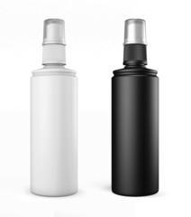 White and black plastic bottles with spray on a white background