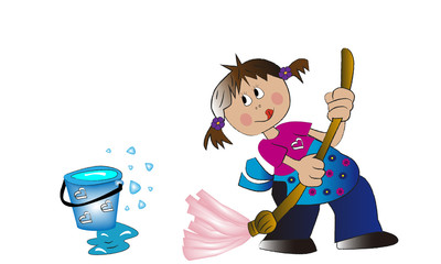 Niña limpiando el suelo con la fregona.