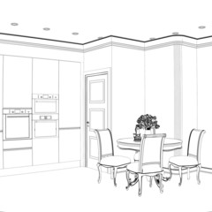 3d sketch of kitchen interior with dining area