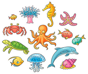 Obraz premium Set of cartoon sea animals