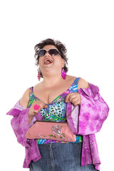 portrait of overweight woman on white background