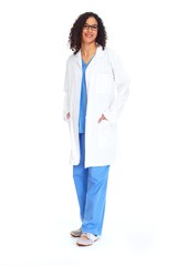 Medical doctor woman isolated white.