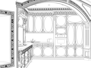 Sketch of classic kitchen interior with carved facade