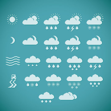 Pixel weather icons on blue vintage background