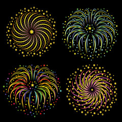 Set of colorful stylized fireworks