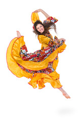 gypsy woman jumping against isolated white background