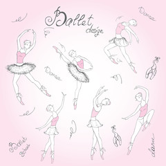 Set ballet dancers, hand drawn background,