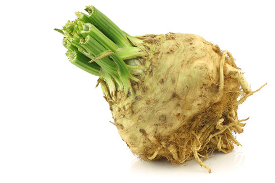 fresh celery root with some foliage on a white background