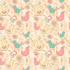 Seamless pattern with cute birds and flowers on the honey backgr