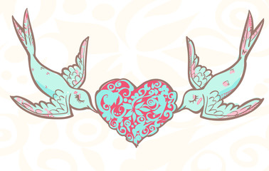Lovers wedding birds with patterned heart