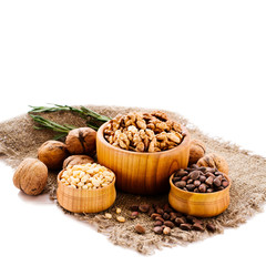 Hazelnuts, filbert on old wooden background