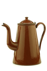 antique brown enameled coffee pot on a white background