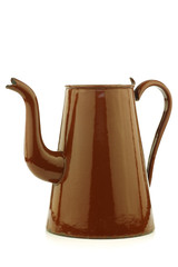 antique brown enameled coffee pot on a white background