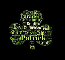 Green shamrock word cloud on black background