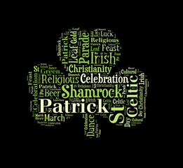 Green shamrock word cloud on black background