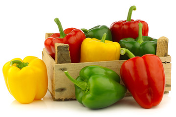 colorful mix of paprika's(capsicum) in a wooden box