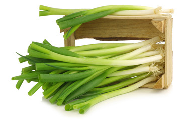 fresh green onions in a wooden crate on a white background