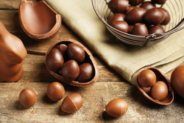 Chocolate Easter Eggs on wooden background