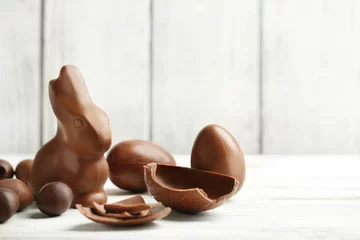 Fensteraufkleber Chocolate Easter Eggs on color wooden background © Africa Studio