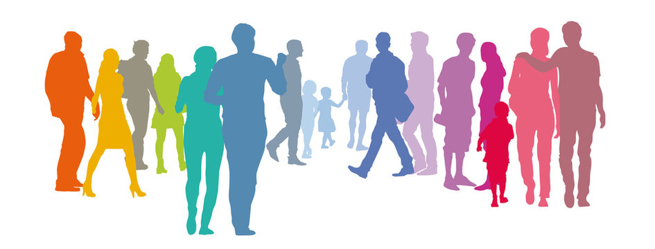 Abstrakte Menschengruppe - Paare in Pastellfarben, Silhouette, Set Menschen, Solidarität, Gemeinwohl der Gesellschaft, Grundeinkommen, Existenzen sichern durch Zusammenhalt 