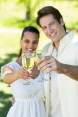 Happy couple toasting in the park