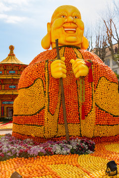 Buddha sculpture made of citrus fruits. Lemon Festival Menton
