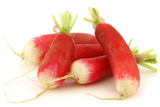 fresh red and white radishes on a white background