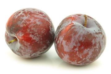 fresh red plums on a white background