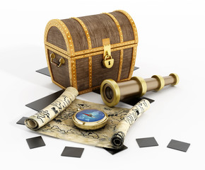 Treasure chest, map, compass and binoculars