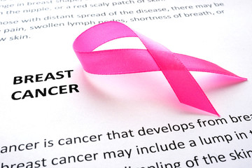 Paper with words breast cancer and pink ribbon