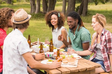 Happy friends in the park having lunch