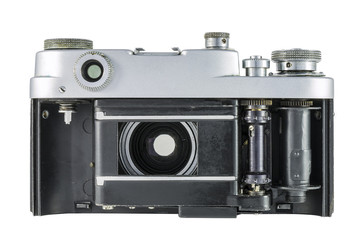 Old film camera with open shutter curtain