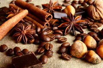 Aromatic assortment of chocolate,coffee,anise, and cinnamon on l