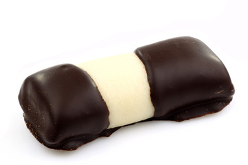 sweet marzipan chocolate rolls on a white background