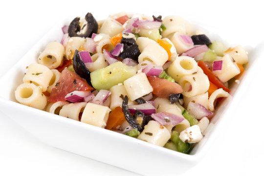 Greek Ring Pasta Salad Bowl Over White Background