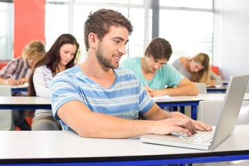 Fototapeta na wymiar Student using laptop in classroom