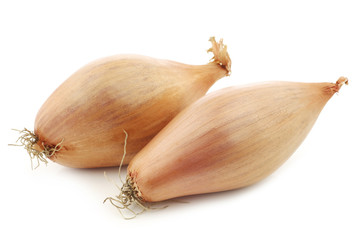 two fresh shallots on a white background