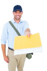 Happy postman delivering letter on white background