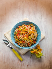 tagliatelle with zucchinis flowers and capsicum