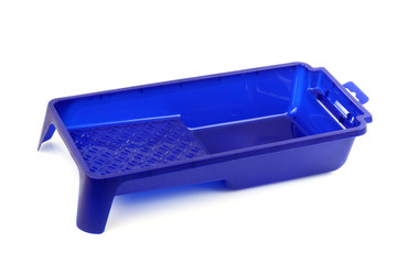 blue plastic paint pan on a white background