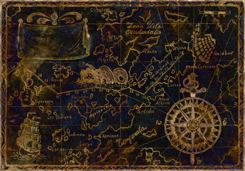Blue and gold pirate map