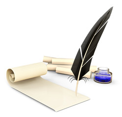 old-fashioned feather with ink and blank scrolls
