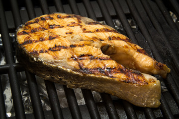salmon fish steak on the grill
