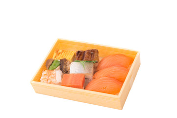 Nigiri sushi in hand with soya sauce on White Isolated background