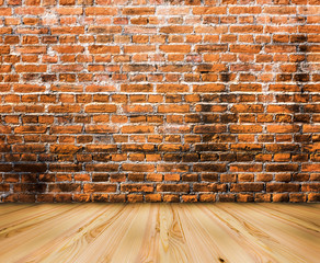 wood floor with old brick wall background